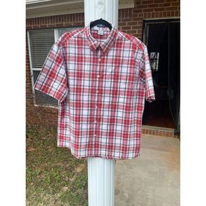 Old Navy Men's Button Up Shirt L Red and White Cotton Short Sleeve Regular Fit